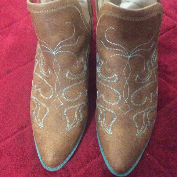 Jolimall Cognac Brown Faux Leather & Teal Heels Western Ankle Boots Women's 10 - Picture 1 of 10